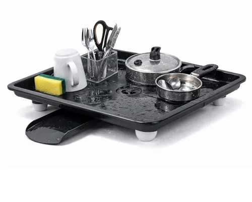 SmartSlide Dish Drainer Tray for Kitchen Sink | Plastic Utensil Drying Tray with Water Drain Spout | Countertop Dish Drying Stand (12 x 17 Inch) (Black)