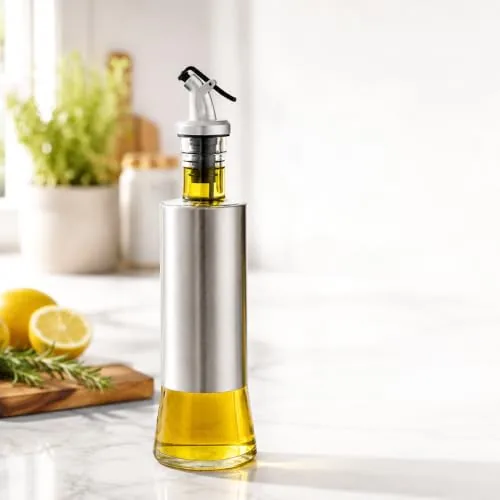 HomeWiz Glass Oil Dispenser for Kitchen 500ml - Stainless Steel Sleeve Bottle with Anti-Drip Spout & Flip Lever | Leak-Proof Pourer for Cooking Oil, Olive, Mustard, Vinegar & Soy Sauce | Round