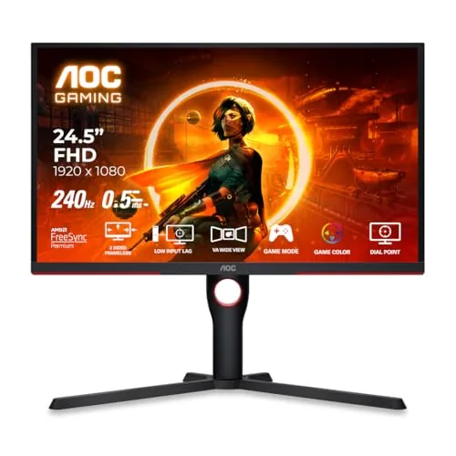 AOC 25G3ZM/BK 24.5" FHD Gaming Monitor, 240Hz Refresh Rate, 1ms GTG Response Time, 6 Game Modes, Freesync Premium, Low Input Lag, ShadowControl, HDMI & DisplayPort