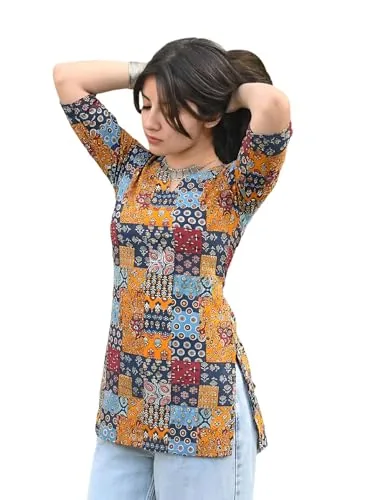 Pinkmint Women Printed Short Kurti Cotton Blend Tunic Top, Notch Neck & 3/4 Sleeves, Casual Ethnic Wear for Office, College & Daily Use, Stylish Regul