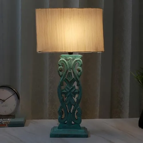 tu casa Wooden Rustic Aqua French Cut Bedside Table Lamp with Off White Cotton Shade for Home Decoration Bedroom Living Room Lounge Office Festival Gifting Study Table H - 21" / No Blub