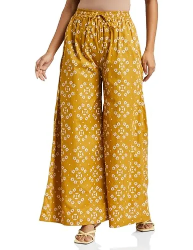 Amazon Brand - Myx Women's Relaxed Cotton Flared Palazzo (PAG 215_Mogra(Ochre)_XS)