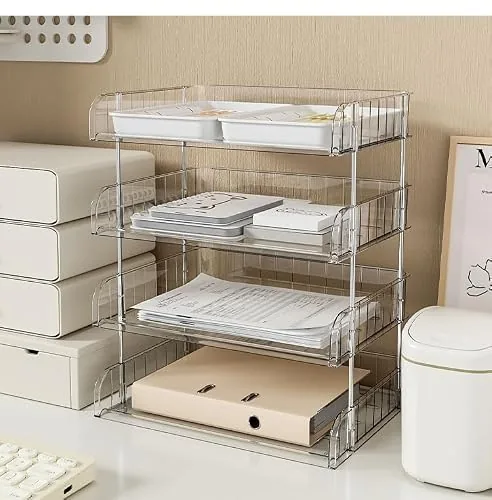 Cortina 4-Tier File Organizer, Premium Polystyrene Desk Rack, Foldable Document Holder with Dividers - Space-Saving Office & Home Paper Storage, Cloth organiser (Transparent)