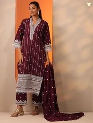 Libas Floral Embroidered V-Neck Thread Work Straight Kurta With Trouser And Dupatta