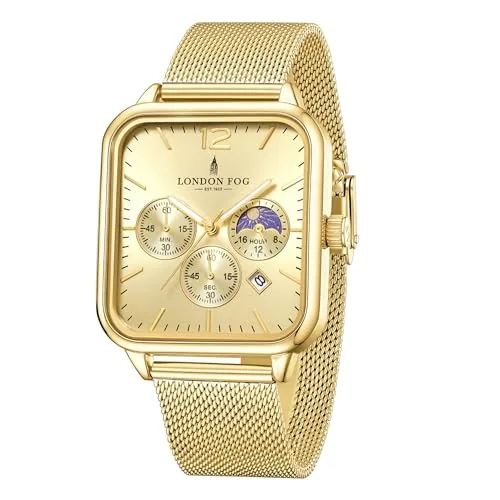 London Fog Hampstead Collection Analog Quartz Watch for Men with Gold Dial, Gold Stainless Steel Mesh Strap, Moon Phase Display, Decorative Sub-Dials & Date Function - LFM10007-33