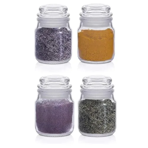 CROCO JAR 145ml Spice Storage Glass Jar, Kitchen Storage Jars, Honey Jar and Container, Spice Masala Jar - Airtight Lid with Rubberised Silicone Stopper (Pop Jar, 145ml, Set Of 4)
