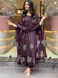 GoSriKi Floral Printed Round Neck Anarkali Kurta With Trousers & Dupatta