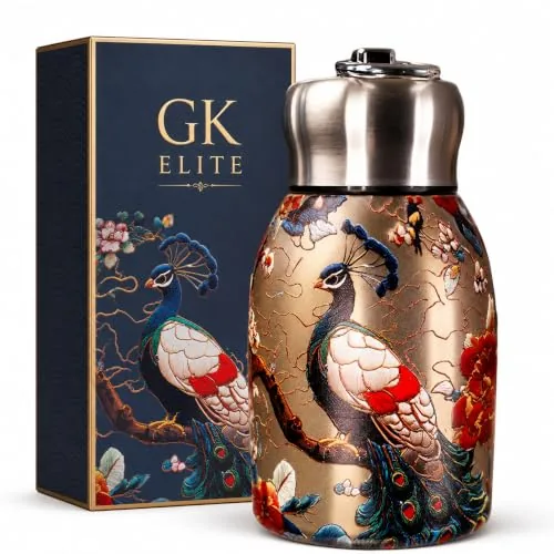 Mini Stainless Steel Insulated Water Bottle 300 ml, Double Wall Vacuum Thermal Flask, Leak-Proof Travel Bottle with Peacock Print Design, Portable Hot & Cold Drink Bottle, Pack of 1