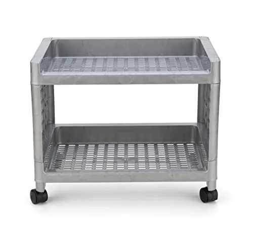 Entisia Plastic Storage Organizer Rack - Multipurpose 2 Layer Trolley with Vegetable Baskets & Wheels for Potato, Onion & Stationery, Space Saving Shelf Stand for Home Kitchen, Office & Balcony-Silver