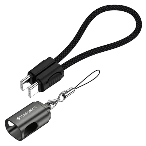 Zebronics Wattz 60CC4 Type-C to Type-C Braided Cable, PD 60W, Upto 480Mbps Data Sync, 20 cm, Durable, Charge & Sync, Rapid Charging, Compact with Keychain Case, For Laptops, Tablets, Mobiles (Black)