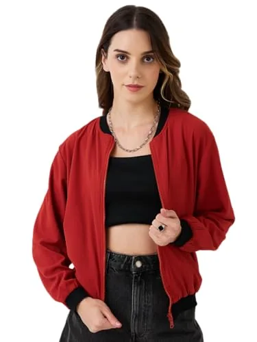 9 Impression Women's Bomber Jacket, Maroon with Black Contrast, Poly Crepe, Ribbed Neck and Cuffs, Side Pockets, Oversized Style Jackets (IN, Alpha, L, Regular, Maroon & Black)