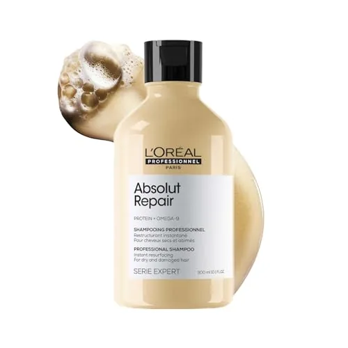 L'Oréal Professionnel Absolut Repair Shampoo for Dry & Damaged Hair | Reduces surface damage by 77% | 7X Shinier hair | Professional shampoo with Protein & Omega-9, For all hair types | 300 ml
