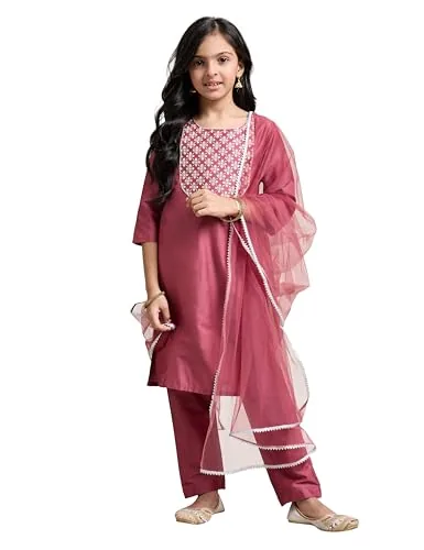 Amazon Brand - Symbol Girl's Rayon Ethnic Wear Embroidered Kurta Set with Net Dupatta