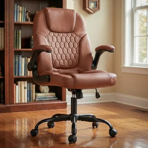 DROGO Aurum Ergonomic Office Chair for Work from Home | Computer Chair for Study | PU Leather Executive Boss Chair with Flip-Up Armrest, Cushion Seat & Lumbar Support | Heavy Duty Metal Base (Brown)
