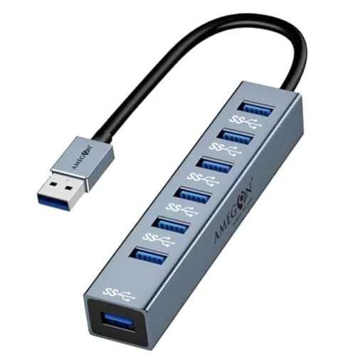 Amegon AMUH07A USB-A to 8 in 1 Multifunction Hub USB 3.0, USB3.0 X 7: 5Gbps; USB C, USB CX1: 5V/3a Extra Power, Wide Compatibility: Laptop, Flash Drive, Keyboard, Mouse, Card Reader, HDD & More