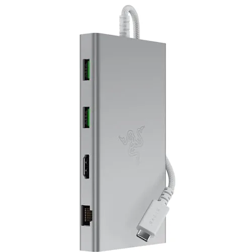 Razer USB C Dock (Mercury White) Docking Station, 11-Port Design, USB-C Port, USB-A Port, Gigabit Ethernet Port, HDMI Port, UHS-I SD/MicroSD Card Slot, 3.5mm Audio Composite Jack, U-S-B Sea Dock