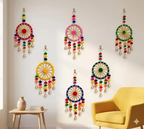 SanwariyaArt Traditional Rajasthani Jaipuri Handicraft Handmade Walls Doors Hanging Fengshui Ring 5 Bells for Home Balcony Garden Decoration Items for Vastu (6 Ring)