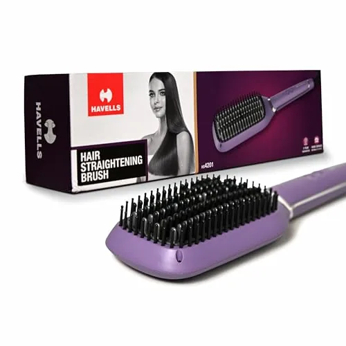 Havells Keratin Infused Hair Straightener Brush With Temperature Control For All Hair Types | 50 Watts | 2 Years Guarantee | Stunning Purple | Hs4201