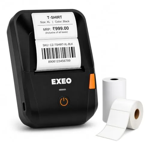EXEO EX58C Portable Bluetooth Thermal Label & Receipt Printer | 2 Inch (58mm) | Inkless | 203 DPI | Android, iOS & Windows | 2000mAh Rechargeable Battery | Barcode, Price & Product Labels