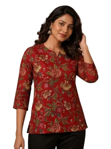 KHILORI Women's Rayon Printed Designer Ethnic Stylish Short Kurti Top for Office Wear, Casual Daily Office Wear, Rust Red, M - 38