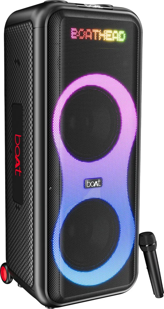 boAt Partypal 600,Animated Text Display,Wireless Karaoke MIC, LED 220 W Bluetooth Tower Speaker Premium Black, Mono Channel