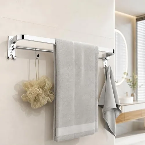 Amazon Basics Heavy Stainless Steel Foldable Towel Holder for Bathroom,Wall Mounted Towel Rod with Hooks, Space Saving Towel Hanger, Heavy Duty Rustproof Bathroom Accessories, Chrome Finish