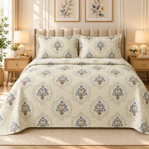 BSB HOME 240 TC Premium Floral Printed Double Bedsheet with 2 Pillow Covers, Soft Breathable King Size Bed Sheet, Elegant Bedroom Decor, Comfortable Care - 90 x 100 Inches (229 x 254 cm) - Pale Sand