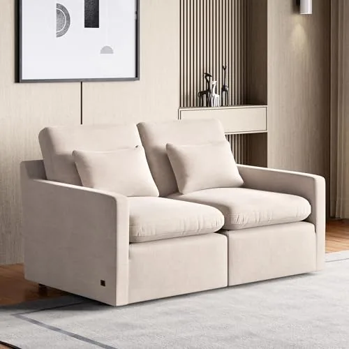 Home Centre | Nolan Fabric 2-Seater Sofa with Cushions | Sofa for Living Room | Solid Wood | Beige | 1 Year Warranty