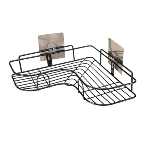 BENAVJI Drill Free Corner Shelf for Bathroom Wall Bathroom Organizer Without Drill Kitchen Rack (1, Black Medium L Shape)