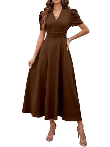 Shasmi Girl's & Women's Brown Solid Color V-Neck A-Line Maxi Dress for Women | New Year Party Outfit | Waist Cinched Puff Sleeve Western Dress | Elegant Casual Wear (Dress 246 Brown-S)