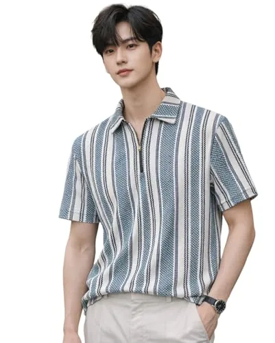 London Hills Men’s Loose Fit Half Sleeve Vertical Striped Polo T-Shirt with Zip Collar | Premium Polyester Fabric | T Shirt for Man | Tshirt | Shirts Men | Tshirt for Man | Men T-Shirts