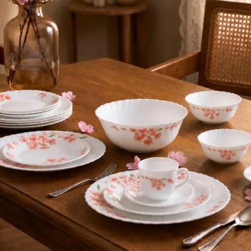 La Opala Classique Opalware Dinner Set, 53 Pcs, for Family of 8, Aster Pink