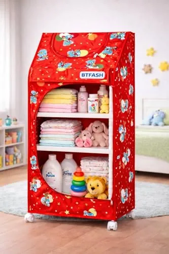 BTfash Kids Almirah – Lightweight, Collapsible Storage Organizer for Clothes, Books, Shoes & Toys | Multipurpose Baby Wardrobe (4 Tray_Red)