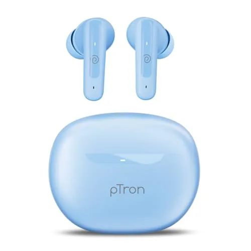pTron Bassbuds Astra in-Ear TWS Earbuds w/Stereo Sound, 50Hrs Playtime, Stereo Calls, Custom EQ, Mobile App, BTv5.3 Headphones, Touch Control, Voice Assistant, Type C Charging & IPX4 (Light Blue)
