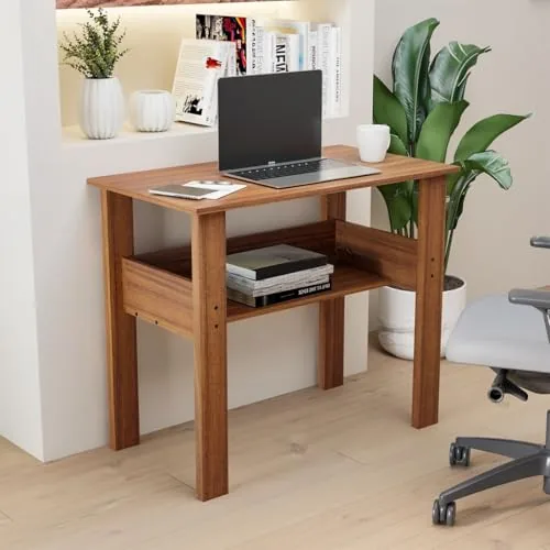 Amazon Brand - Solimo Ace Engineered Wood Computer Desk with One Tier Shelves Laptop Study Table for Office Home Workstation Writing Modern Desk - Leon Teak (90 cm x 45 cm x 71 cm)