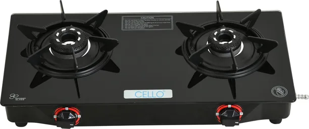 CELLO Hexa Manual Ignition Black Aluminium Alloy Burner Toughened Glass Manual Gas Stove 2 Burners