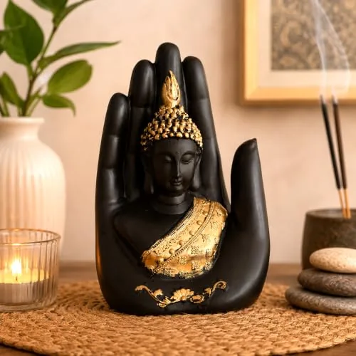eCraftIndia Golden Handcrafted Palm Buddha Polyresin Showpiece (12.5 cm x 7.5 cm x 17.5 cm, Black)