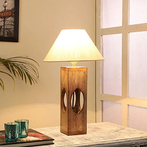 tu casa Handcrafted Mango Wood Table Lamp with Off-White Cotton Shade | Bedside & Study Table Lamp for Bedroom, Living Room, Dining Area & Home Décor | Height 44 cm | Bulb Not Included