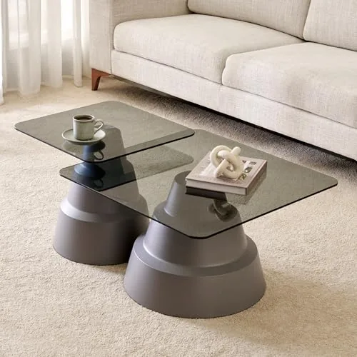 Home Centre | Nebulous Tempered Glass Top Set of 2 Nesting Coffee Tables | Center Table for Living Room | Grey | 1 Year Warranty