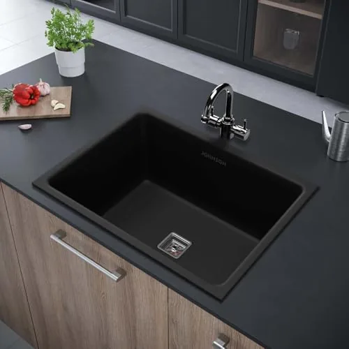 Johnson Qubix Black Quartz Kitchen Sink with Waste Coupling | 24"x 18"x 9.5" | 5 Years Warranty | Durable and Stylish Quartz Sink for Modern Kitchens |