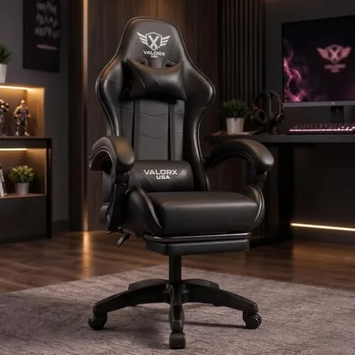 Fighter By ValorX USA Ergonomic Gaming & Office Chair with Footrest | High Back 135° Recliner | Linkage Armrests | Neck & Lumbar Support | Premium PU Leather | Black