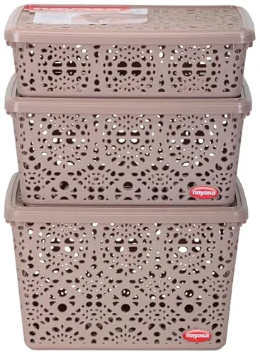 Nayasa Flower Storage Basket Set Of 3 |Small + Medium + Big | Plastic Multipurpose Basket With Lid | Beige