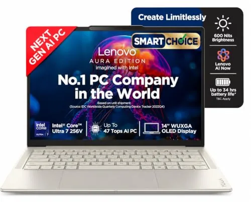 Lenovo Yoga Slim 7 Smartchoice Aura Edition Intel Evo Core Ultra 7 256V (16GB RAM/512GB SSD/14 (35.5cm)/WUXGA OLED/Copilot+ PC/Windows 11/MSO 365 Basic+Office 24/Seashell/1.19Kg), 83JX00H2IN AI Laptop