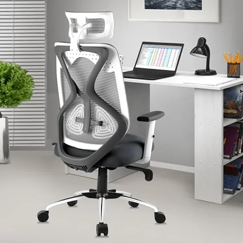 ASTRIDE Ergofit Ergonomic Office Chair for Home | BIS Certified | 2D Headrest, Adjustable Arms & Lumbar Support | Tilt Lock Mechanism DIY [Grey-White]