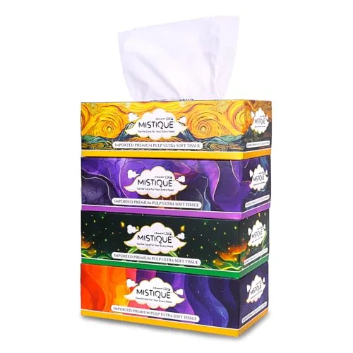 MISTIQUE Ultra Soft 2 Ply Facial Tissue Box | 400 Pulls | 100 Pulls x 4 Boxes | Skin Friendly & Highly Absorbent | Natural Virgin Pulp | Car, Home & Office Use | Sheet Size (17 * 20) cm
