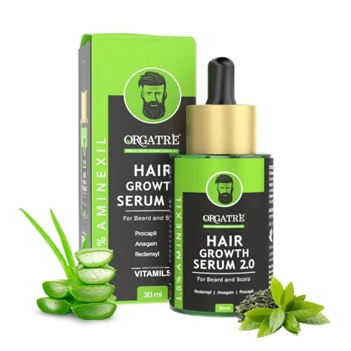 ORGATRE Hair Growth Serum 2.0-30ml | For Beard & Scalp | Reduces Hairfall & Thinning | 1.5% Aminexil, Redensyl, Anagain & Procapil | Hair Growth Serum for Men & Women