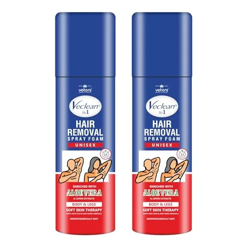 Vetoni Veclean Hair Removal Spray Foam, 200ml x 2, for Men & Women, 3 Mins Formula, Painless, Enriched with Aloe Vera & Lemon, for Chest, Back, Legs & Underarms