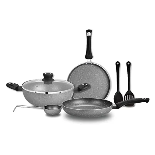 BERGNER Aluminium Bellini Marble Non Stick Cookware Set 7Pc-Kadhai with Glass Lid 24Cm, Dosa Tawa 28Cm, Frypan 24Cm, Tadkapan, 2 Spatula, Induction Compatible, 1 Year Warranty by Bergner, Grey