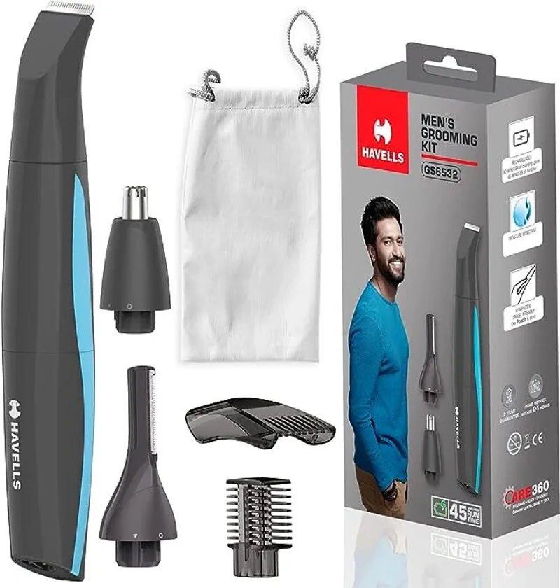 HAVELLS GS6532 5-in-1 Men's Grooming Kit with Protective Combs, Rechargeable Grooming Kit 45 min  Runtime 4 Length Settings (Grey)