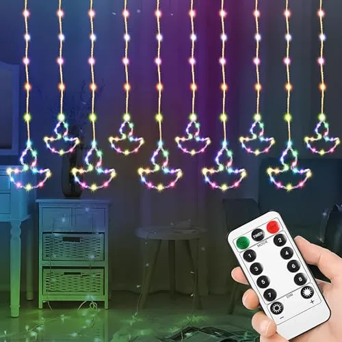 Gesto Diya Curtain Fairy Lights for Decoration - Multicolor String Lights with 8 Modes Remote | 10 Hanging Diya Decorative Lights for Home Decor,Balcony, Mandir,Pooja Room,Diwali Decoration - 11*3 Ft